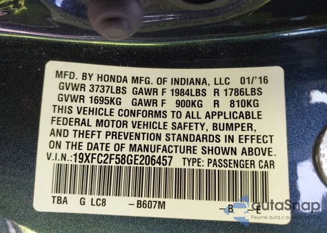 2016 Honda Civic Lx from USA, damaged, VIN 19XFC2F58GE206457